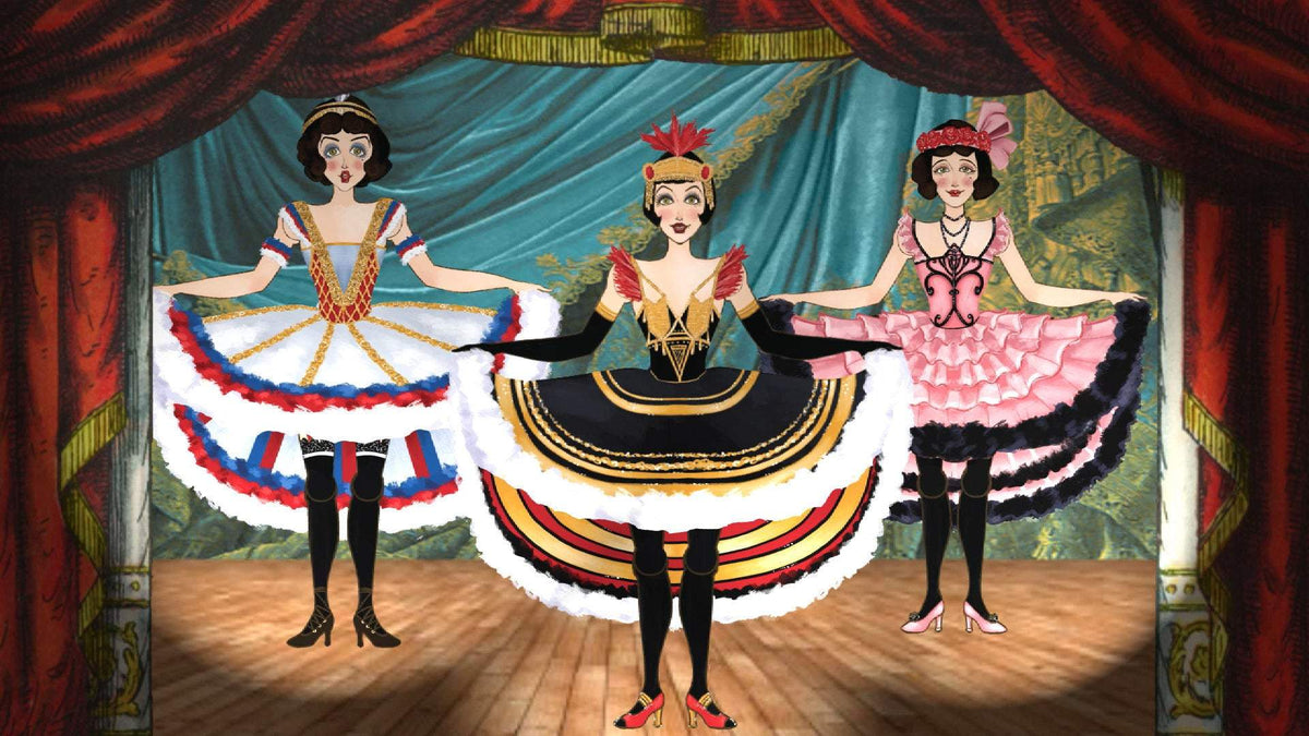 Set of 3 Vintage French Articulated Paper Dolls Can Can Dancers - The Bea & Charlie Paper Shop
