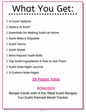 Load image into Gallery viewer, Sushi Recipe Book, Sushi Beginner&#39;s Guide, Food Journal, Japanese Food, Sushi Set, Vegetarian Meal Plan Plus BONUSES! - The Bea &amp; Charlie Paper Shop
