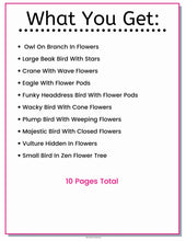 Load image into Gallery viewer, Zen Birds &amp; Blooms Coloring Pages Set Pigment App Compatible - The Bea &amp; Charlie Paper Shop
